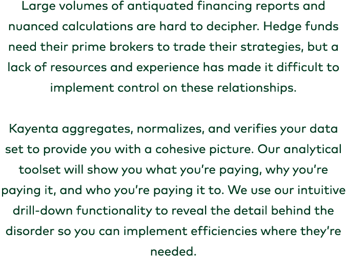 Large volumes of antiquated financing reports and nuanced calculations are hard to decipher. Hedge funds need their p...